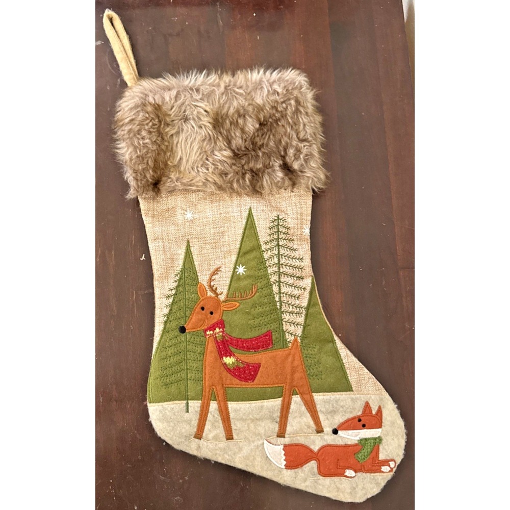 Hobby Lobby Christmas Stocking Deer Pine Trees Fox Multiple Fabric Applique
